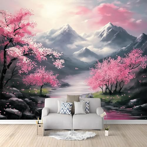 Generic Papier Peint Intissé 400 x 280 cm Photo Mural Style Japonais Fleurs De Cerisier Montagnes Rose - Papier Peint Panoramique Pour Chambre Salon Salle Mur Décoration