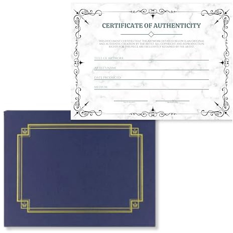 J&J'S TOYSCAPE Certificado de autenticidad, certificado premium de 8.5 x 11 pulgadas con carpeta de presentación de lujo azul marino, perfecto para valoraciones, regalos, coleccionables y obras de