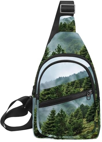 Misty Pine Forest on The Mountain Slope in a Nature Reserve Sling Backpack, Adjustable Crossbody Shoulder Bag Travel Hiking Daypack