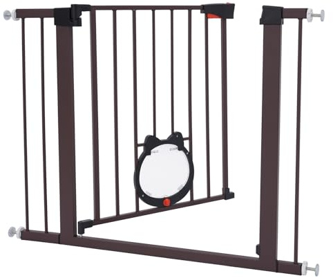 Tierschutzgitter Treppenschutzgitter mit Katzenklappe 93 * 76cm Metall Erweiterbar Haustier Sicherheitsgitter ohne Bohren Welpenzaun Autoclose für Hunde und Katzen Weiß/Kaffee (Kaffee, 93 * 76cm)