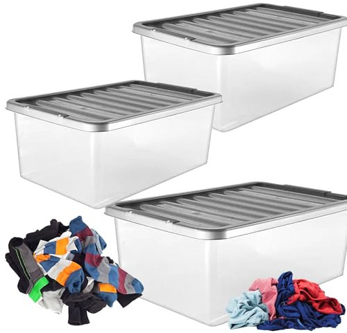 STORM TRADING GROUP 3 x Underbed Storage Containers 32 Litre Large Big Plastic Underbed Storage Clear Boxes With Silver Lids Strong Durable Stackable Containers