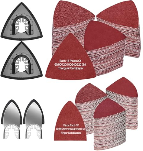 184 PCS Multi Tool Sanding Pad Kit, 2Pcs 3-1/2 Inch Triangle Sanding Pads, 2Pcs Fingertip Sand Pad 180Pcs Sandpaper, 3Pcs Adapters, Multi Tool Blade Compatible with Ryobi Makita Milwaukee