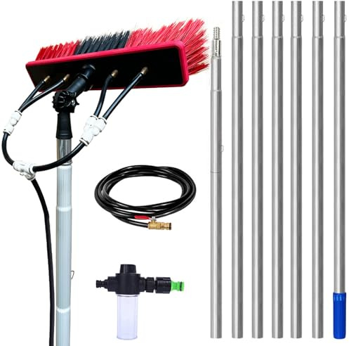 YFSMBD Teleskop Waschbürste mit Teleskopstiel 3m - 13.6m, Ausziehbar Teleskopstangen Reinigung für Fenster, Terrassendach, Solaranlage - inkl. Bürste, Schlauch, Seifenspender (35cm Bürste,10m)