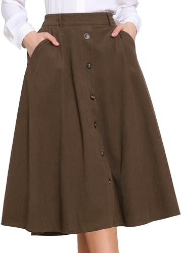 Allegra K Corduroy Skirt for Women Button Front High Waist Vintage Stretch A-Line Flared Casual Midi Skirts with Pockets Brown XL