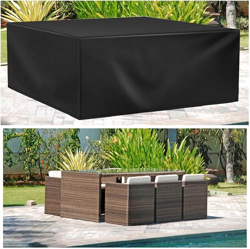 HNKDKJ Rattan Garden Table Cover 205x88x99cm/LxWxH Garden Furniture Covers Waterproof Square/Rectangular 420d Heavy Duty Oxford Black Fabric for Rattan Patio Table & Chairs with Windproof Buckles