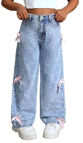 Teenager Mädchen Baggy Jeans Niedliche Schleife Weitbein Denim Hose High Waist Hose Bodenlange Casual Hose Baggy Jeans Teenager Mädchen Jeanshosen (Blue, 12-13 Years)