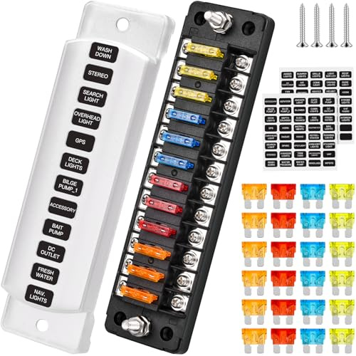 Portafusibili 12V, Porta Fusibili a 12 Vie con Coperchio Protettivo, Scatola Fusibili Auto 12V con fusibili da 24 fusibile a Lama, Per Veicolo Marino Van SUV di Camion Automatico