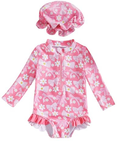 Costume da bagno UV per bambini, con cappello da sole, UPF 50+, con chiusura lampo, protezione UV, a maniche lunghe, unisex, in neoprene, costume da bagno per ragazzi e ragazze, D01 rosa, 0-3 Mesi