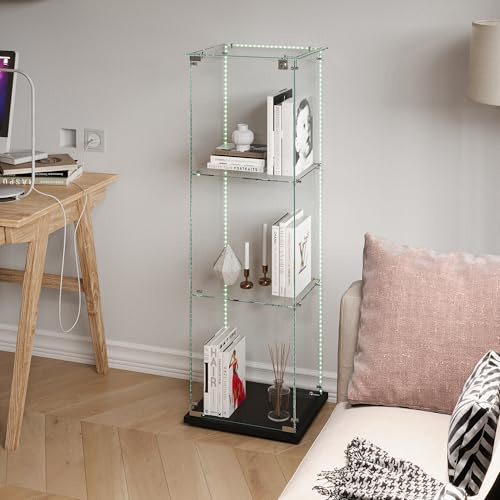Vitrine en verre trempé avec lumières - Vitrine verticale en verre trempé à trois couches - Vitrine verticale en verre avec socle en bois - Noir (noir/porte simple/barre lumineuse)
