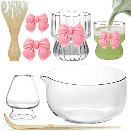 Yueser Matcha Kit, Juego de 5 Piezas Cuenco con Boquilla Batidor Te Matcha Vaso Matcha Cuchara de Té Porta Batidor Whisk Vidrio Lazo Rosa Taza de café para Hacer Bebidas de Té Pasteles Galletas