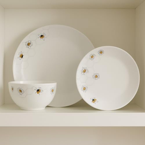 New Elegant White Porcelain 12-Piece Honeycomb Bee Dinner Set,4 Includes Dinner Plates, Side Plates & Bowls,Adds a Touch of Nature to Your Table and Kitchen Decor -D21
