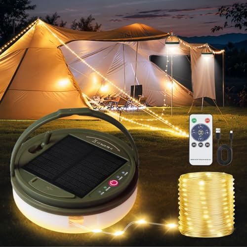 Solar Camping Lichterkette Aufrollbar, 12M Tragbare Wasserdichte Campinglicht mit 8 Beleuchtungsmodi, Solarbetrieben und USB Wiederaufladbare Zeltlaterne mit Fernbedienung für Camping Hof Weihnachten