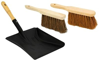 GSV Essentials Dustpan and Brush Set, Wooden Handle and Two Sturdy Cleaning Brushes, Ergonomic Design, Perfect for Sweeping Dust, Dirt, Sawdust, Leaves,