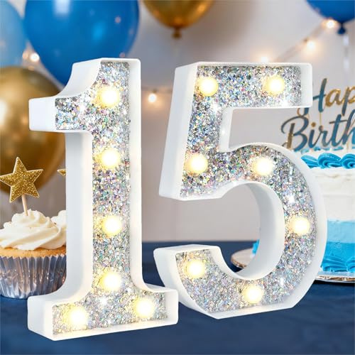 HEYCOLOR LED Zahlen Lampe Nummer Beleuchtete Ziffern 15, Warmweiß Silberne Led Leuchtzahlen, Als beleuchtetes Geschenk für Mädchen Geburtstagsdekorationen Party deko Abschlussfeier Hochzeit Muttertag