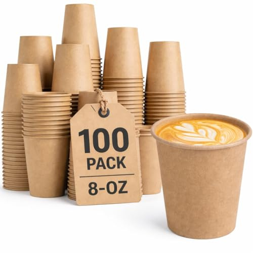 8oz Kraft Disposable Coffee Cups - 240ml Brown Unbleached Paper Cups for Tea, Coffee & Hot/Cold Drinks | Eco Friendly Takeaway Cups | Natural Paper | 100 Pack