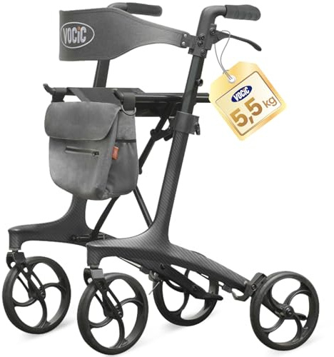 VOCIC Z75 Carbon Rollator Faltbar und leicht mit Sitz, 5,5kg Ultralight | Indoor & Outdoor Faltbarer Rollatoren Klappbar für Senioren, Rollator Schmal für Wohnung, Max 136kg, 5 Jahre Support, Schwarz