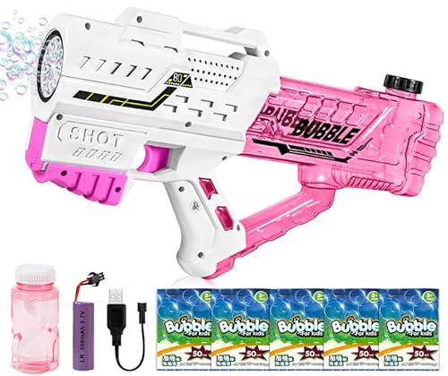 Pistola a Bolle, Macchina Automatica Bolle di Sapone per Bambini, Macchina Automatica per Bolle di Sapone 10000+ Bolle/Min con soluzione di bolla, Feste Estive all'aperto Regalo Nozze, Rosa