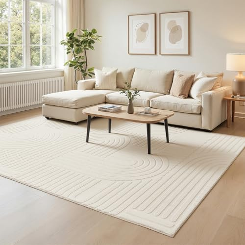 Topfinel Waschbarer Kinderzimmer Teppich 140x200 Kurzflor Modern Creme Teppich Weiß Wohnzimmer Groß Flauschig Antirutsch Schlafzimmer Teppiche Esszimmer Büro Einfarbig 3D-Effekt Dauerhaft Felloptik