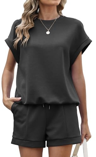 Famulily Crew Neck Womens Tracksuit Set Summer Co Ord Sets Solid Color 2 Piece Outfits Shirt and Shorts Set with Pockets S-XXL