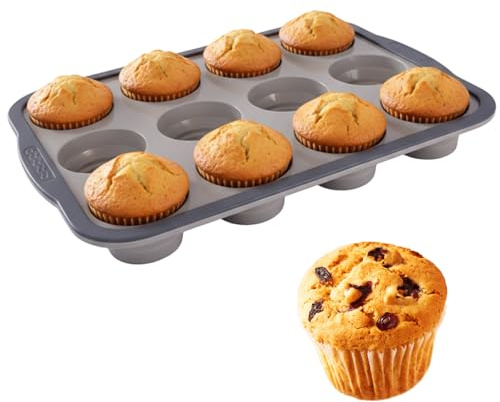 Gubilacrum Silicone Muffin Trays with Metal Frame, 12 Cup Regular Size Silicone Cupcake Tray, Non Stick Baking Mold Tin, Foldable Reusable Baking Utensils for Muffins Cupcakes 31x22.3x3.6cm (Grey)