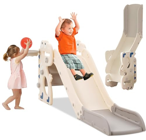 Kinder Rutsche Faltbar Kinderrutsche mit Basketballkorb und Armlehnen, Gartenrutsche Kleinkinderrutsche, Kleinkinderrutsche Indoor & Outdoor Grau