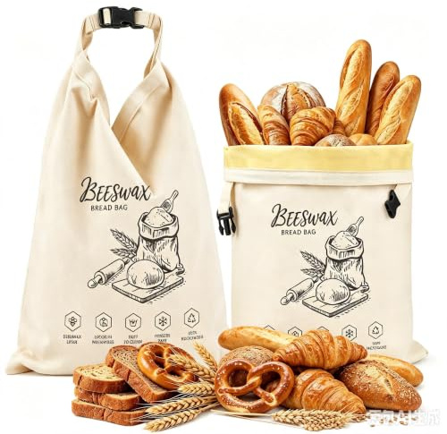 Ecofocet 2 pezzi Sacchetto pane cera d'api,43×33 cm Tela cerata per pane,Sacchetti cera d'api per alimenti,con chiusura con fibbia/cerniera,per lievito madre e prodotti da forno (Buckle B)