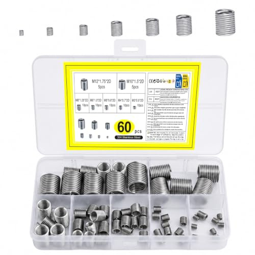 60 Pcs Filetage Inserts, Insert Fileté Autotaraudeur Helicoil Set | Mâle Femelle écrou Réducteur Outil de Réparation de Filetage en Acier Inoxydable, M3 M4 M5 M6 M8 M10 M12