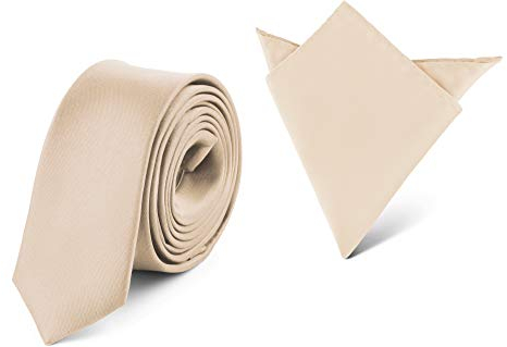 Ladeheid Herren Schmale Krawatte & Einstecktuch Set SP/P (150cm x 5cm, 22cm x 22cm, Ecru)