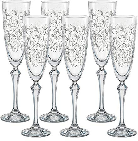 Bohemia Sektgläser Kristall, Sektkelch, Model Leaves Clear, Gravur, 200 ml, 6er Set