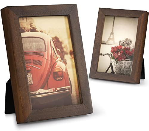 Emfogo 4x6 Picture Frame, Pack of 2 Photo Frame with Real Glass, Solid Wood Rustic Picture Frames 4x6 Display for Wall Decor (Vintage Walnut)