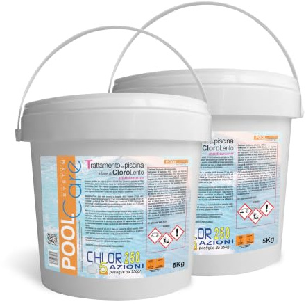 POOL CARE CHLOR 250 5 Actions -in tablets of 250gr. Active 90%. Slow Dissolving Multiaction Chlorine for Swimming Pool - Immediate Shipping 10KG