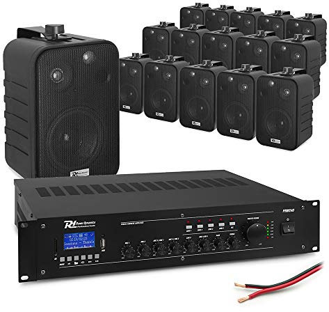 Power Dynamics 4-Zone Background Music System – 16x 4 Inch Wall Mount Speakers & Bluetooth Amplifier, 100V PA Sound System, Café Bar Restaurant Shop (Black)