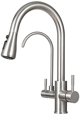 Rubinetto a Tre Vie, Rubinetto 3 Vie Cucina Girevole a 360° con Filtro Dell'acqua & Doccetta Estraibile, Doppio Manico, Acqua Fredda e Calda, Acciaio Inossidabile