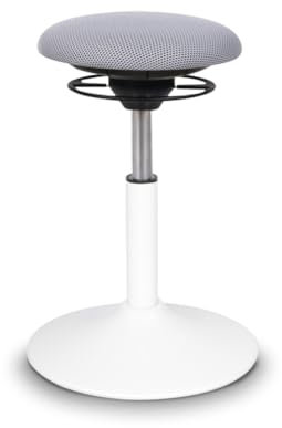BALIMO Classic - Bewegungshocker - Sitztrainer - ergonomischer Sitzhocker - Hocker mit Schwingeffekt - Rücken-Trainer - Bewegungsstuhl - Bürohocker - Standfuß Weiß - (Stoffbezug Hellgrau)
