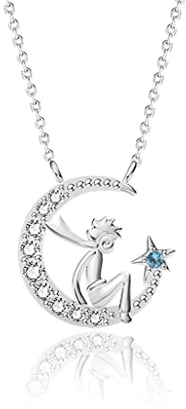 DESHOME Star Zircon Little Prince Collar de Plata de Ley S925 Cadena Clavícula Colgante Joyería Regalo San Valentín/Entrenamiento Recepción/Aniversario para Ella, Esposa, Plata