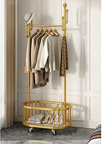 Hallenbaum mit Haken Robuster Kleiderständer aus Metall Freistehender Kleiderbügel Mobiler Kleiderwagen Mit oberer Stange und unterem Aufbewahrungskorb für Flur Schlafzimmer ( Color : Gold , Size : 60