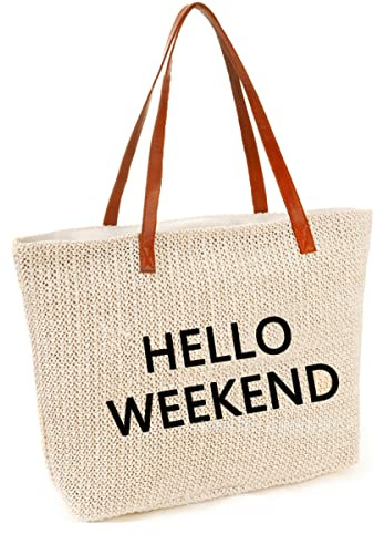 JFAN Bolsas de Playa Raya Tejida Bolsas Mujer Tote Bag Bolso Playa Grande Talla única Fin Semana Beige
