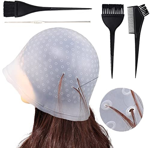 Punched Hole Silicone Highlight Hair Cap with Hair Coloring Brushes and Needle,Highlighting Frosting Cap,Highlight Cap,Professional Salon Silicone Hairdressing Tools for Women Men