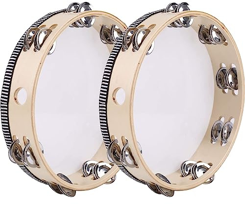 2 Pack Tambourine for Adults Wooden Tambourine 8 inch Hand Held Tambourine Metal Jingles Single Row Instrument Handheld Tambourine Drum for Church, KTV, Musical Educational