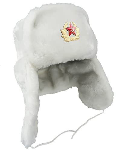 Uschanka mit Stern Russische Fellmütze Tschapka Wintermütze mit Ohrenklappen Ushanka Unisex (as3, Numeric, Numeric_54, Weiß)