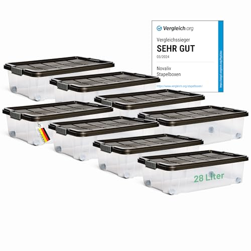 Novaliv 8x Unterbettkommode mit Rollen 28L Aufbewahrungsbox Deckel Anthrazit Nestbar stapelbare mit Clipverschluss Rollkiste BPA-frei 61x40x17 cm