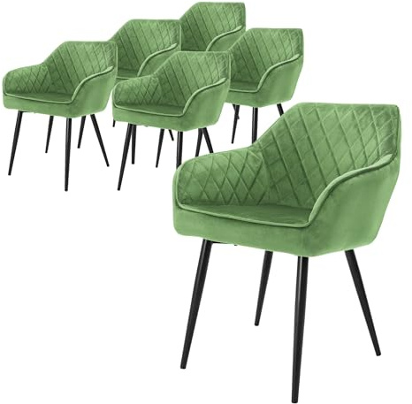 ML-Design Esszimmerstühle 6er Set mit Samtbezug, Salbei, Küchenstuhl mit Armlehne und Rückenlehne, Polsterstuhl mit Stahlgestell, Ergonomischer Stuhl für Esstisch, Esszimmerstuhl, Wohnzimmerstuhl