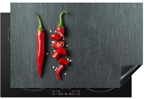 KitchenYeah© Herdabdeckplatte Einteilig Induktionsmatte Küche Abdeckung Ceranfeld Herd Abdeckplatte Deko Vinyl Matte Aufrollbar Pfeffer - Rot - Gewürz - Grau - Grün - 81.6x52.7 cm