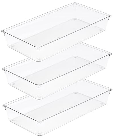 Amtido 3 Pack Drawer Organisers - Sturdy Clear Plastic Storage - Versatile Storage for Kitchen Cutlery, Bathroom, Utensils, Makeup, Office, and Desk Accessories (15.2cm x 30.5cm x 5.1cm)