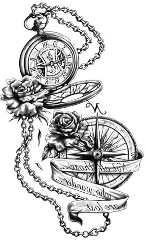 5 Bilder Kompass Uhr Tattoo In Schwarz - Fake Temporäres Einmal Körper Tattoo