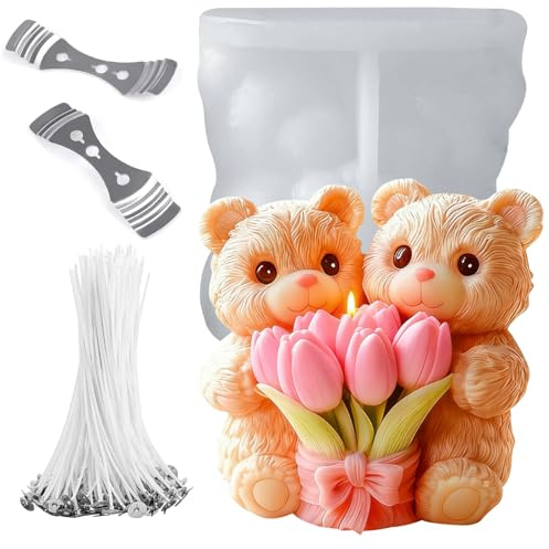 Moldes de silicona,moldes para velas de silicona con forma de osito en 3D,para regalos de niñas,regalos de cumpleaños,regalos del día de la madre y escaparates (Tulipán Bear)