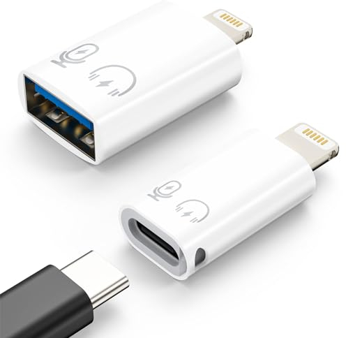 MoKo Adaptador USB C Hembra a Lightning Macho, Lightning Macho a USB-A Hembra OTG Adaptador para iPhone 14/13/12/11 Pro MAX/iPad/iPod/AirPods, 10W Carga Rápida/Transferencia de Datos/Audio, Blanco