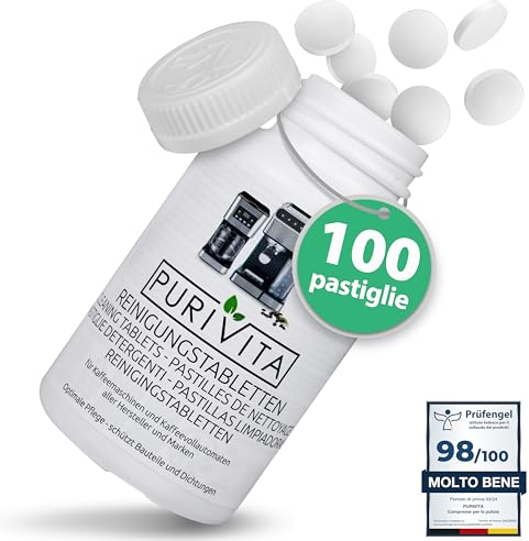 PURIVITA® Universale Pastillas de limpieza para cafeteras [100 pastillas] - Pastillas descalcificadoras para cafeteras Delonghi, Krups, Jura, Senseo, Nespresso y otras - Limpiador de cápsulas de café