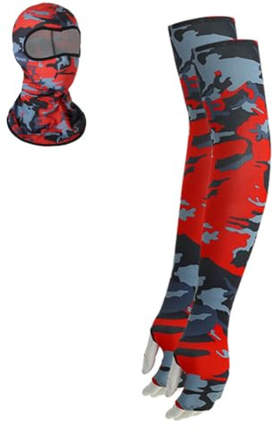 ISAKEN Manguito brazo UV protección pasamontañas moto bajo casco verano ciclismo manga brazo deporte cubre brazos fresco para fútbol, golf, voleibol, ciclismo y baloncesto, Camuflaje rojo, Medium