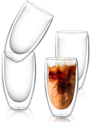 4x450ml Double Walled Glass Mugs, Heat Resistant Coffee Cup, Reusable Latte Glasses Cappuccino Cups Tea Cup, Clear Borosilicate Mugs Sets for Hot Chocolate, Espresso Cups, Dishwasher Safe